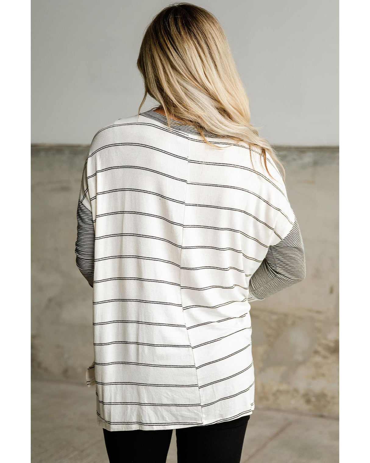 Stripe Patchwork High Low Long Sleeve Top with Side Slits - Size L