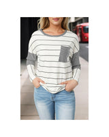 Stripe Patchwork High Low Long Sleeve Top with Side Slits - Size L - Rear View