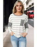 Stripe Patchwork High Low Long Sleeve Top with Side Slits - Size L - Close-Up Angle