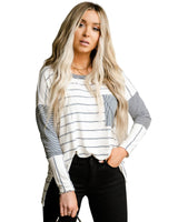 Stripe Patchwork High Low Long Sleeve Top with Side Slits - Size L