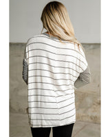Stripe Patchwork High Low Long Sleeve Top with Side Slits - Size L - Side View