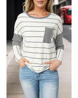 Stripe Patchwork High Low Long Sleeve Top with Side Slits - Size L - 45-Degree Angle