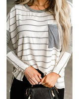 Stripe Patchwork High Low Long Sleeve Top with Side Slits - Size L - Close-Up Angle