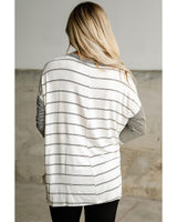 Stripe Patchwork High Low Long Sleeve Top with Side Slits - S - Front View