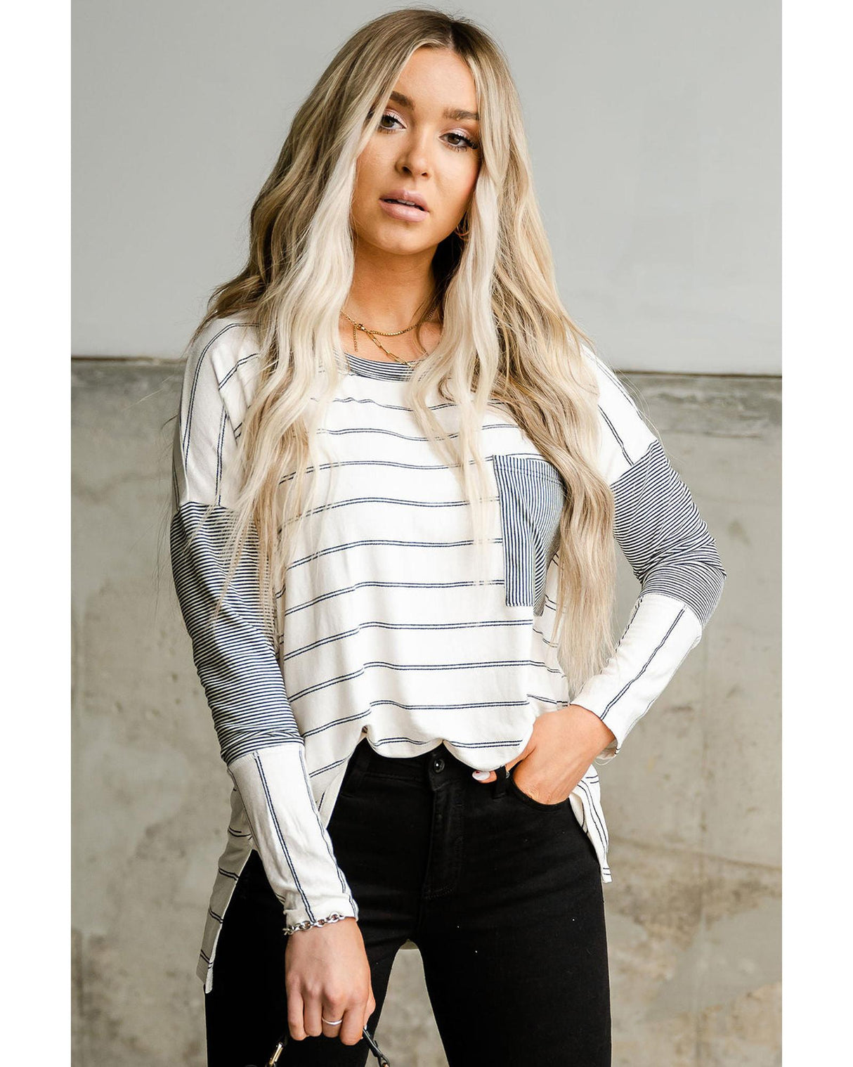 Stripe Patchwork High Low Long Sleeve Top with Side Slits - S