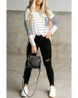 Stripe Patchwork High Low Long Sleeve Top with Side Slits - S - Top-Down View