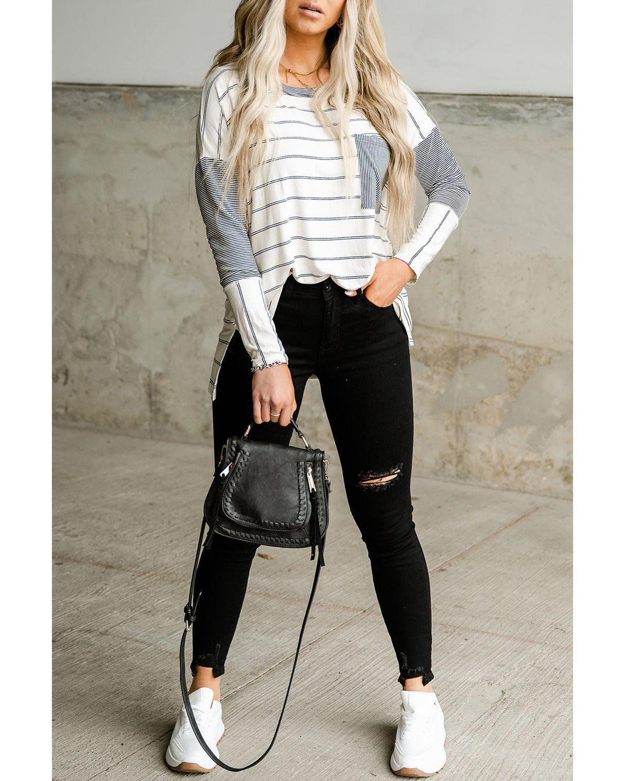 Stripe Patchwork High Low Long Sleeve Top with Side Slits - S