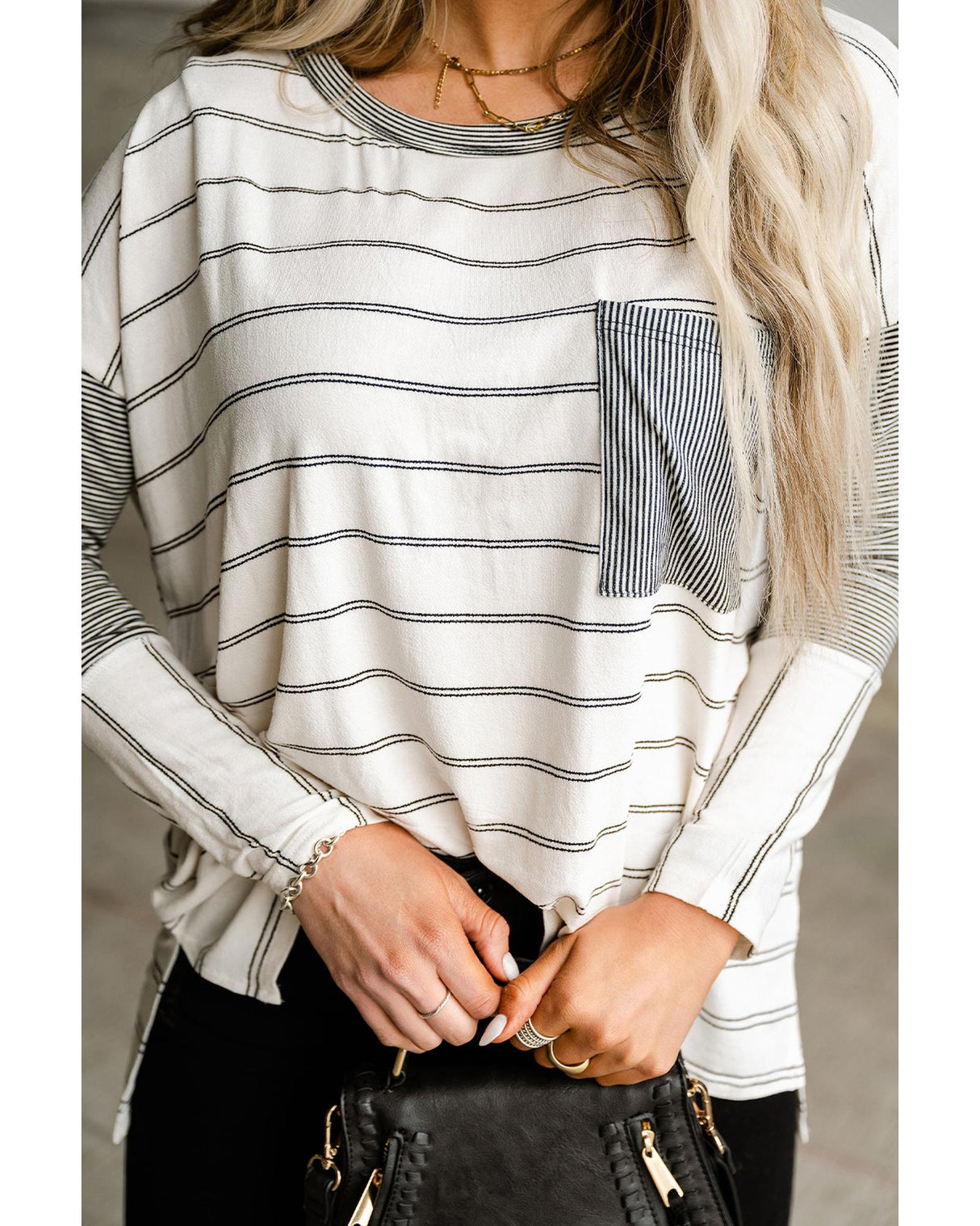 Stripe Patchwork High Low Long Sleeve Top with Side Slits - S
