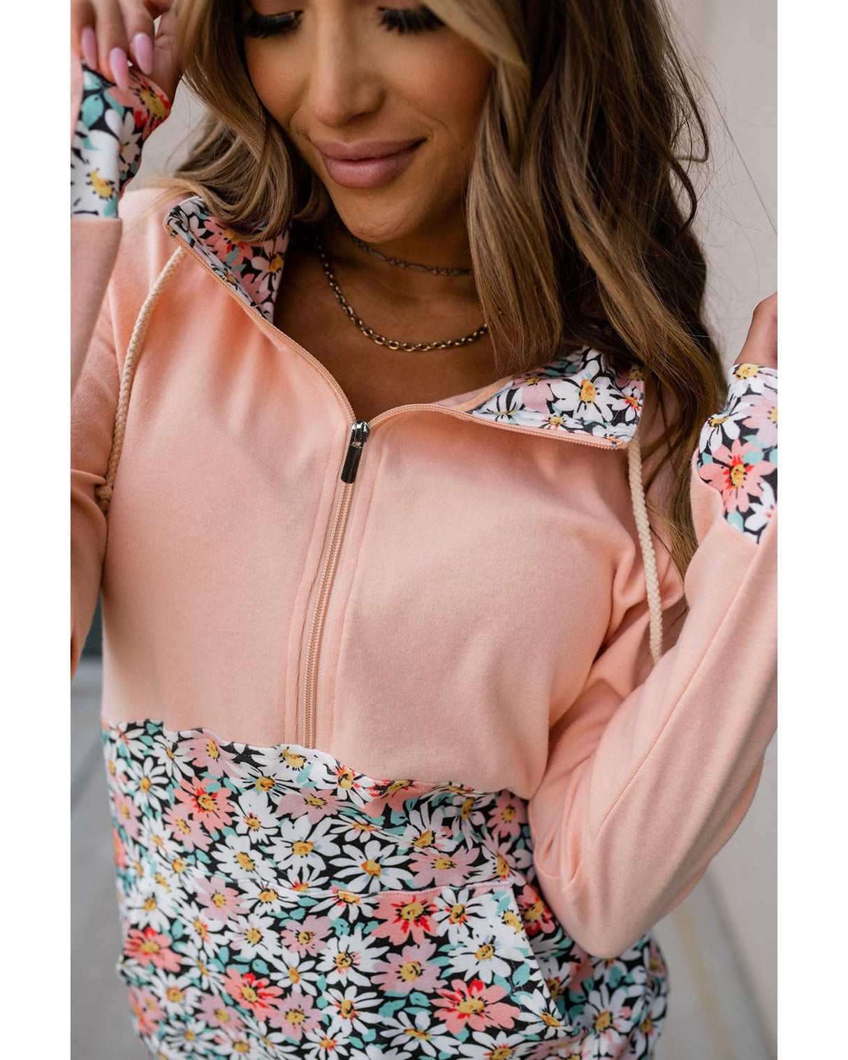 Floral Patchwork Half Zip Hoodie with Kangaroo Pocket - Size S