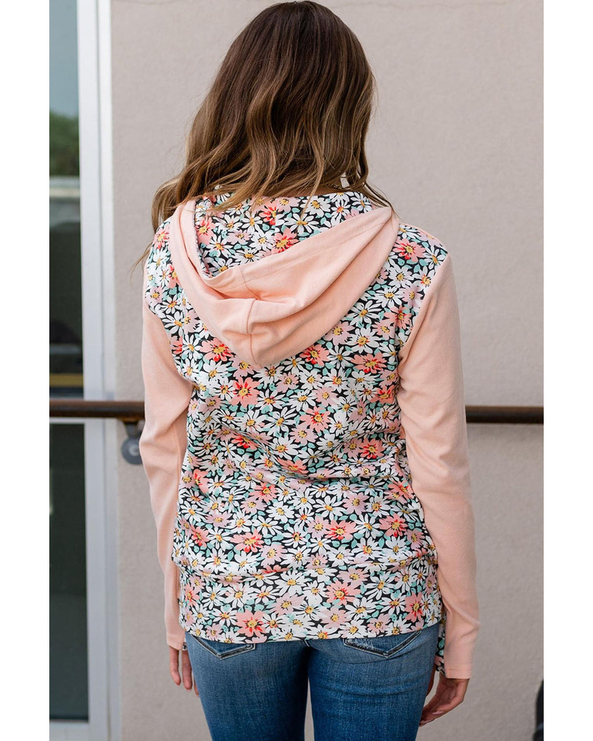 Floral Patchwork Half Zip Hoodie with Kangaroo Pocket - Size S