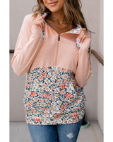 Floral Patchwork Half Zip Hoodie with Kangaroo Pocket - Size S - Top-Down View