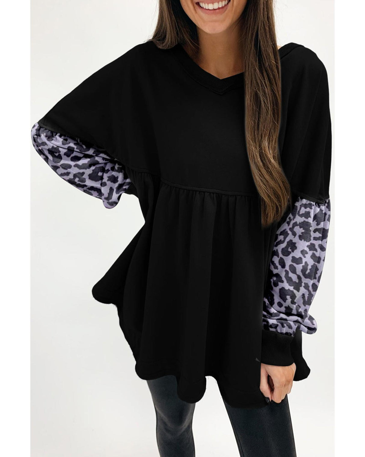 Azura Exchange Black Leopard Sleeve Ruffle Casual Sweatshirt - S