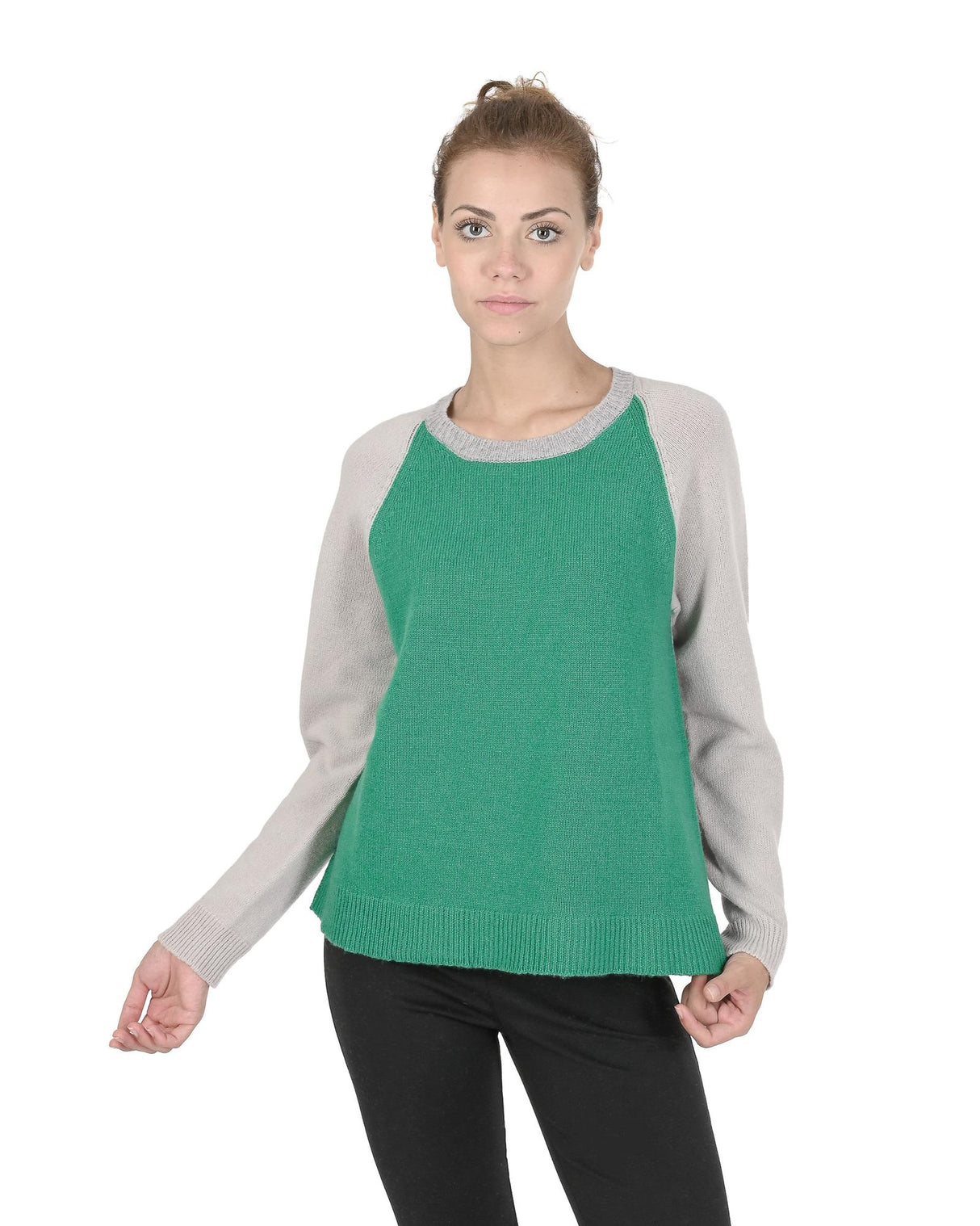 Edinburgh Cashmere Women's Elegant Round Neck Sweater in Green and Cream - 42 EU