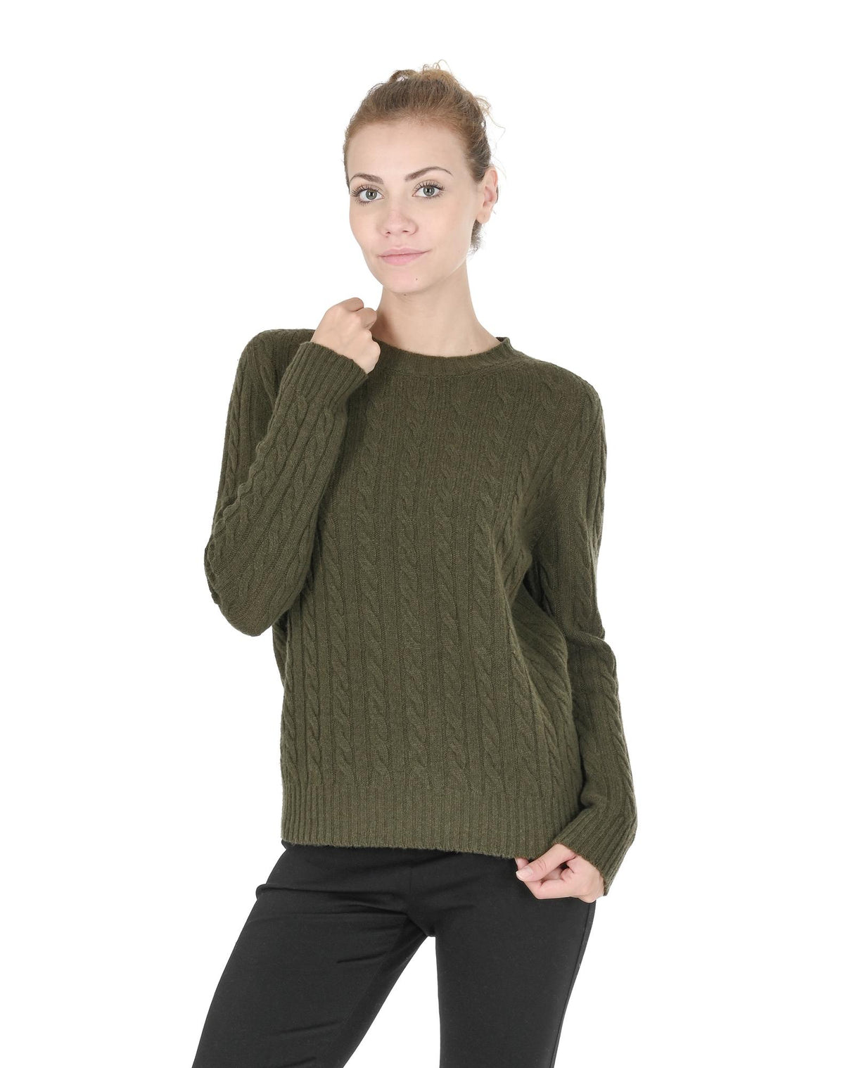 Edinburgh Cashmere Women's Classic Khaki Round Neck Sweater - 38 EU