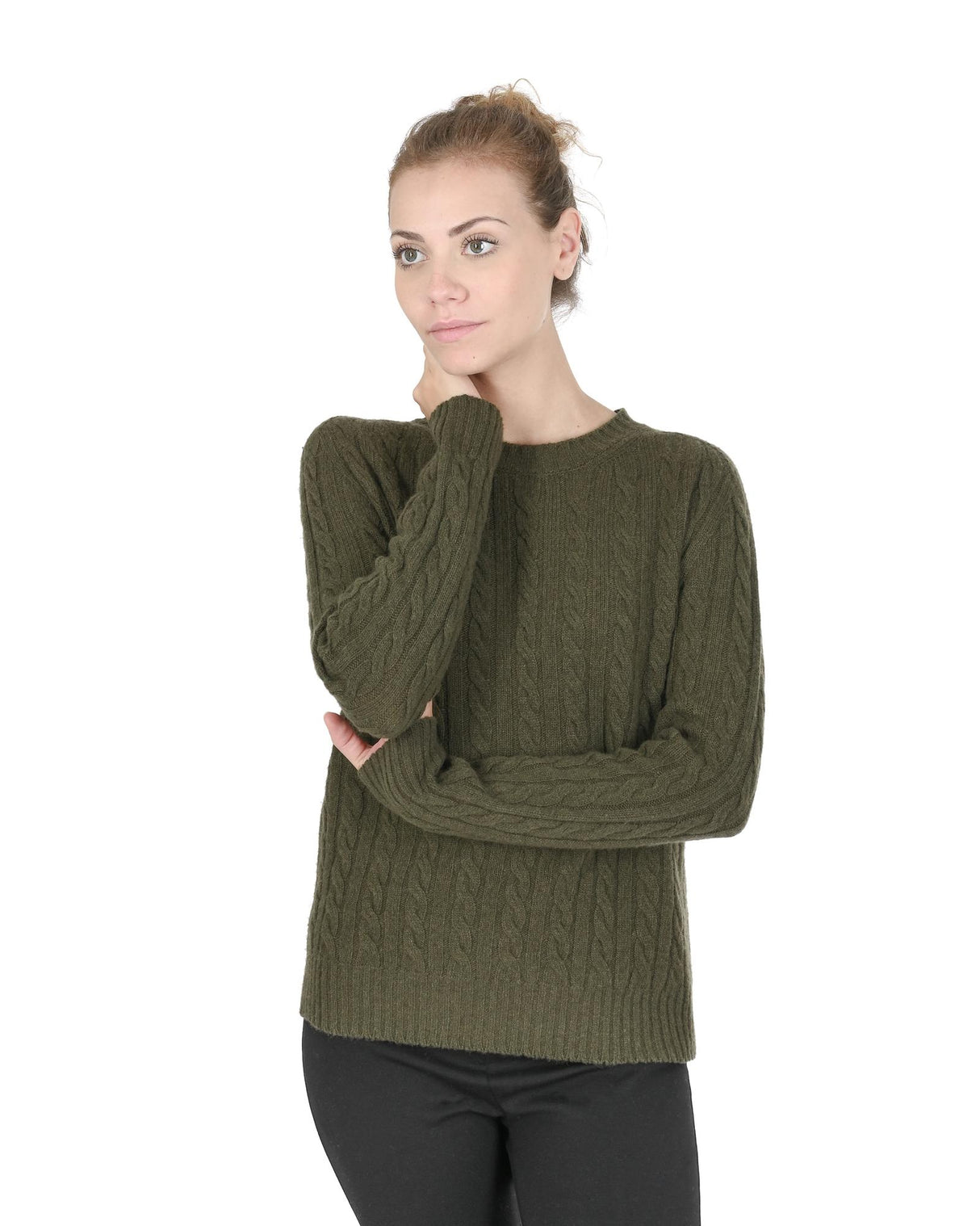 Edinburgh Cashmere Women's Classic Khaki Round Neck Sweater - 38 EU