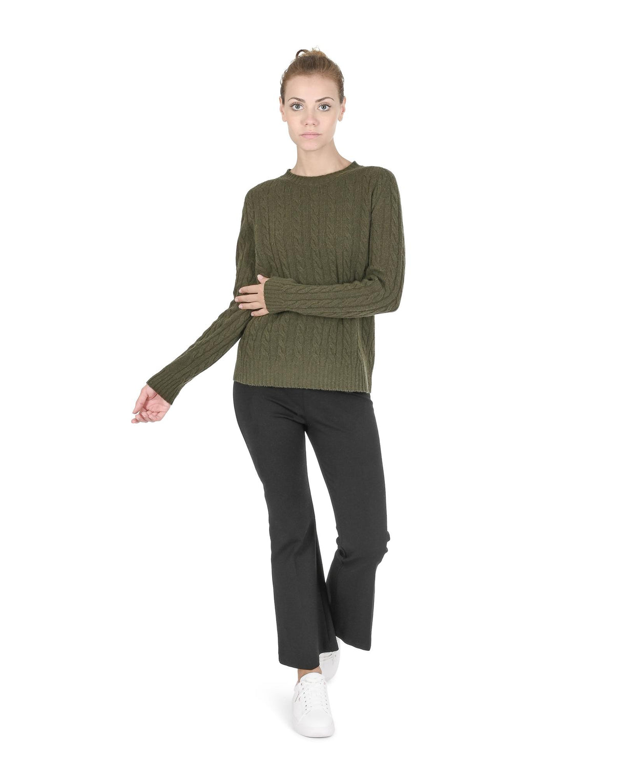 Edinburgh Cashmere Women's Classic Khaki Round Neck Sweater - 38 EU