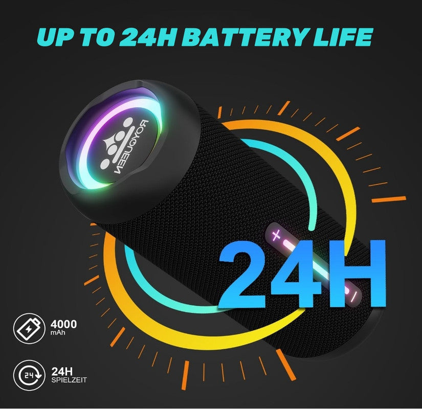 Compact Waterproof Bluetooth Speaker with LED Lights, 24H Playtime, Bluetooth 5.3, 360° Sound for Outdoor Adventures