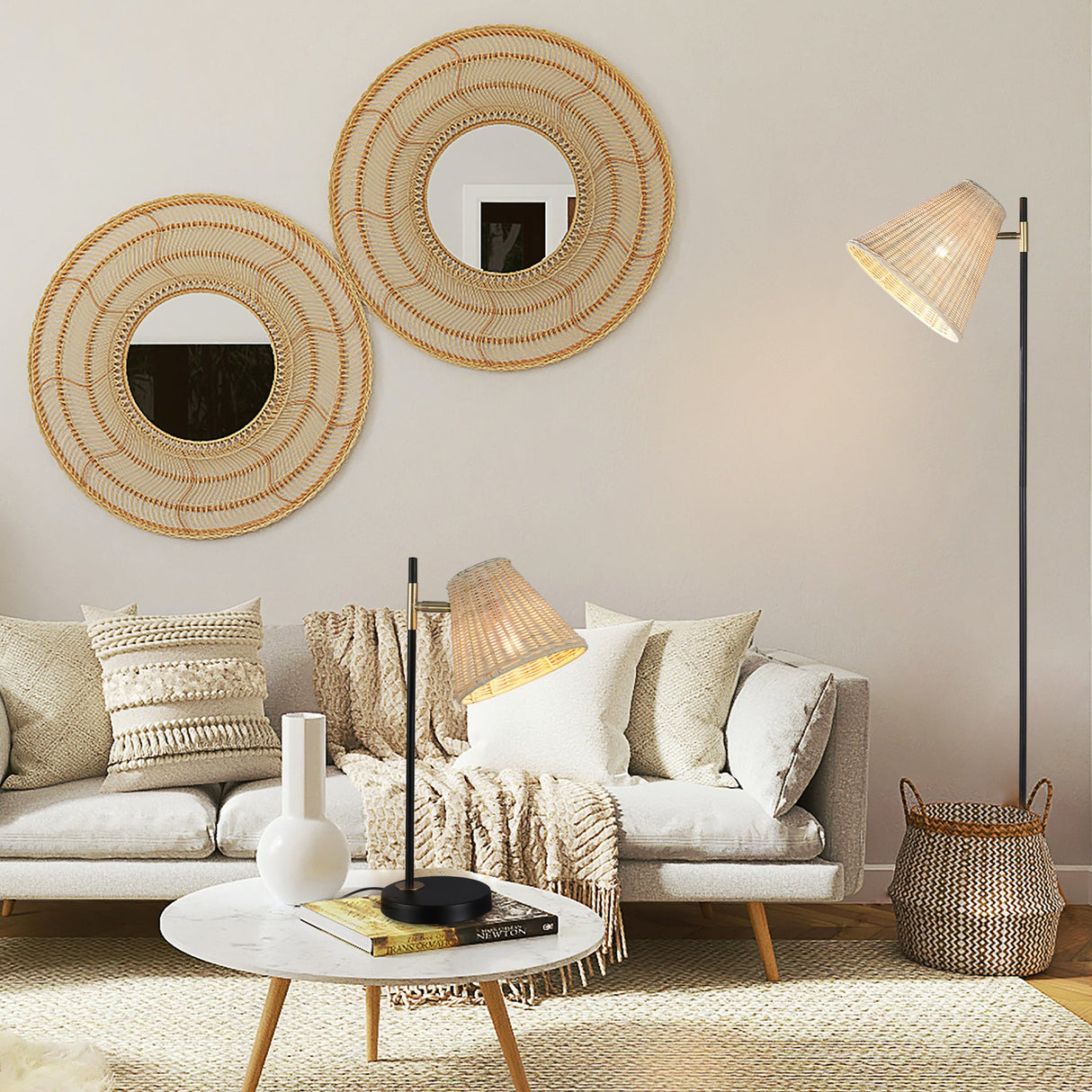 Yvette Natural Rattan & Black Metal Floor Lamp