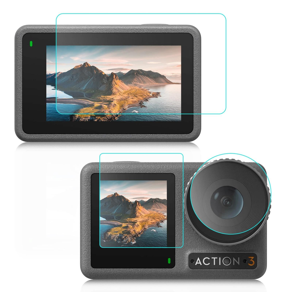 Tempered Glass Film Set for Dji Action 3 - 3-in-1 Protection for Front and Back Screens and Lenses