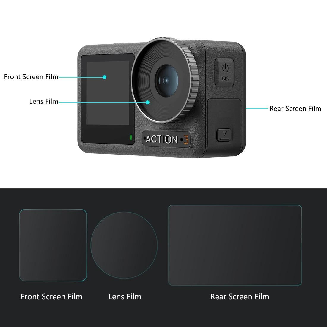 Tempered Glass Film Set for Dji Action 3 - 3-in-1 Protection for Front and Back Screens and Lenses
