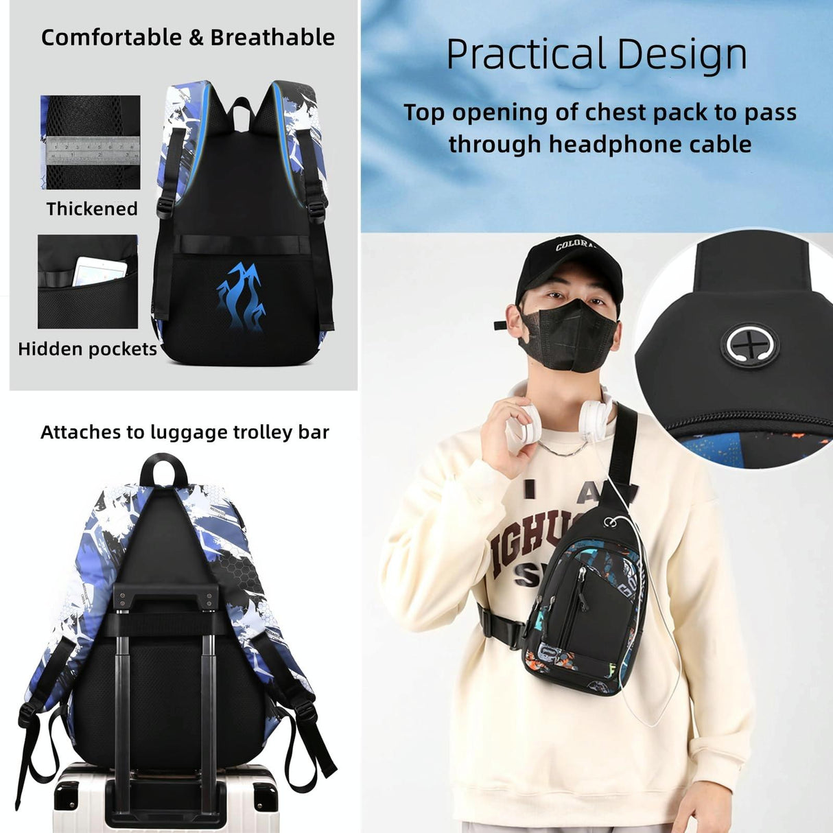 Lightweight 2-in-1 Backpack and Chest Bag for Men - Blue Football - Orange Honeycomb
