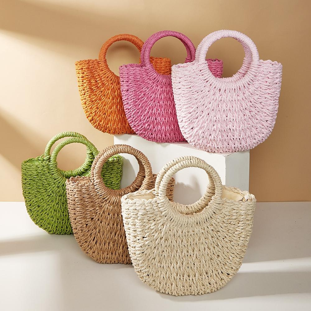 Beige Half Moon Straw Tote Woven Beach Bag - Camel