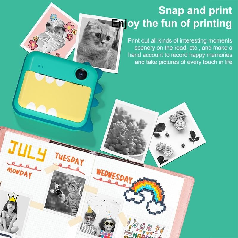 Instant Camera for Kids with Dual-lens Mini Print Green Dinosaur Design - Green Dinosaur No Card