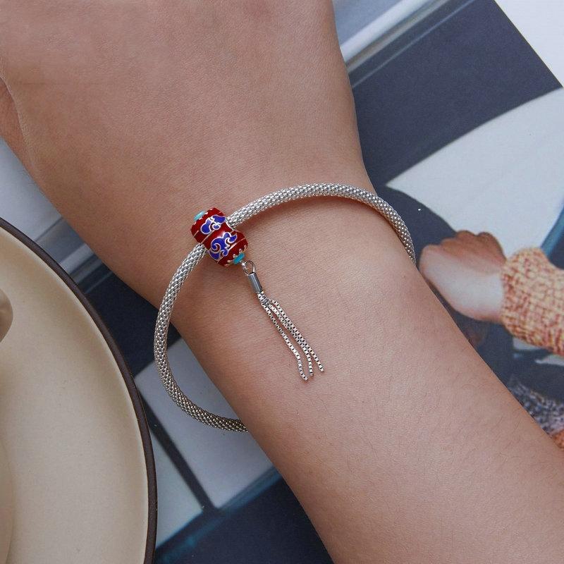 925 Sterling Silver Red Lantern Bracelet With Auspicious Clouds Bead