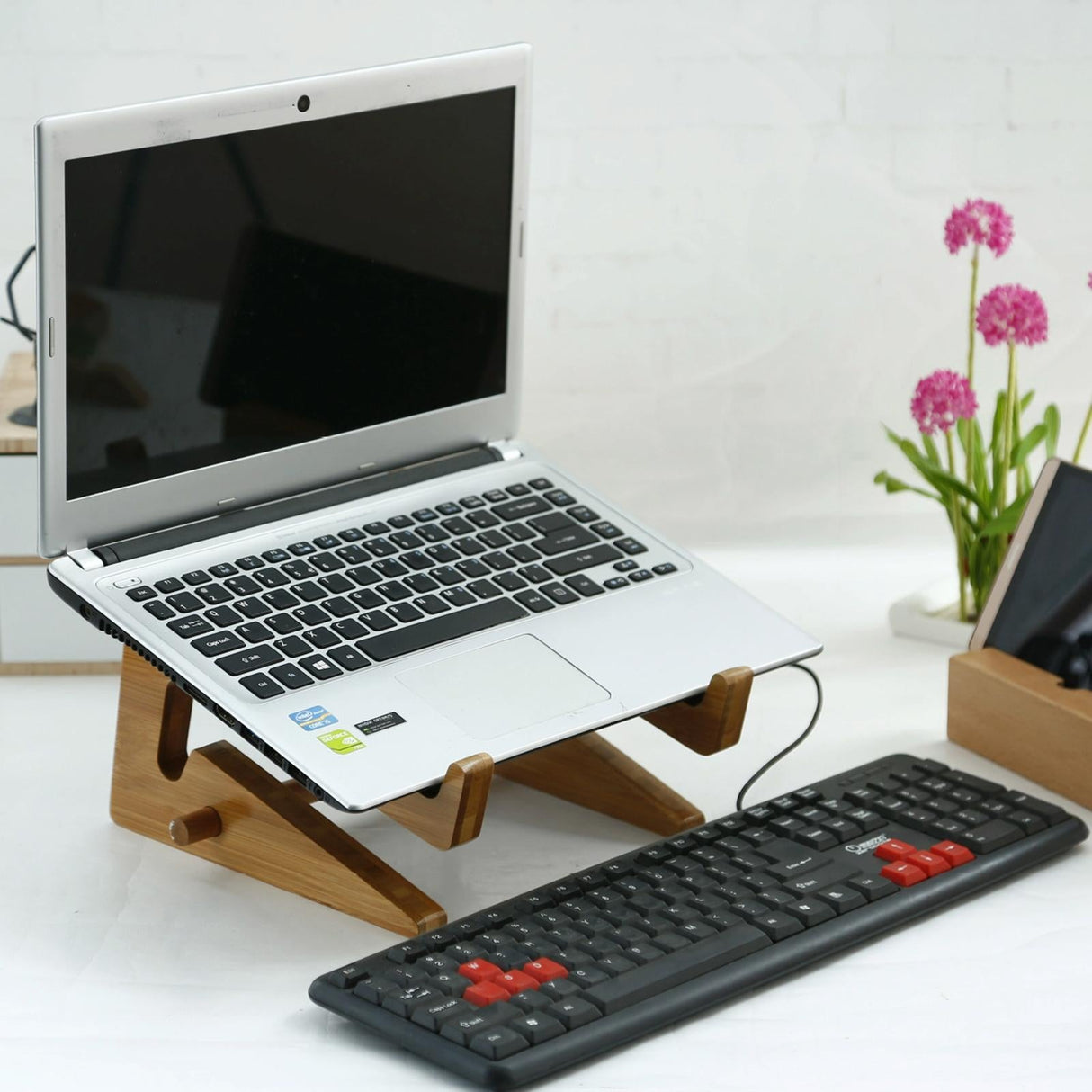 Bamboo Wood Desktop Storage Rack for Computers and Tablets