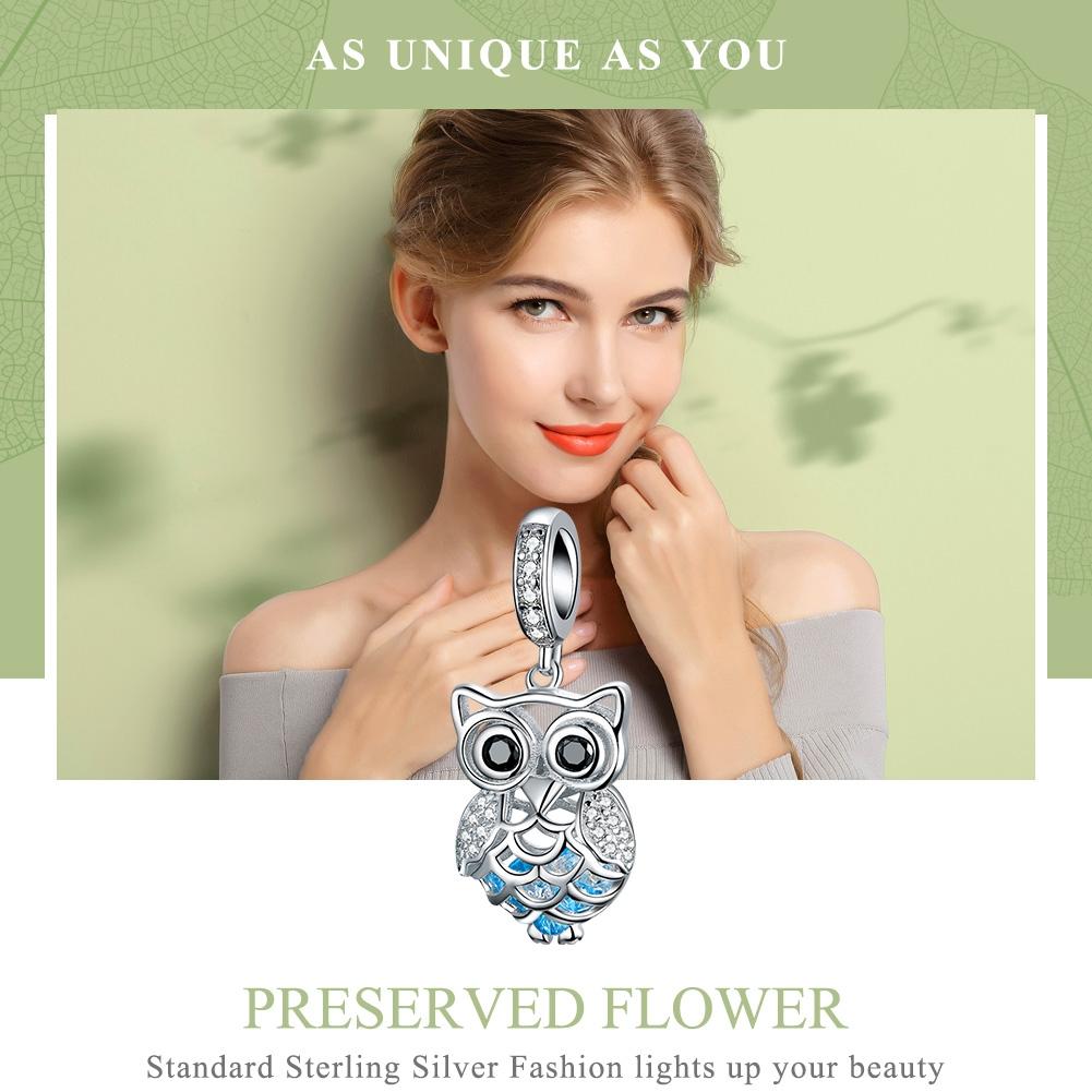 925 Sterling Silver Blue Zircon Owl Pendant For Diy Bracelets Movable Style - Pendant