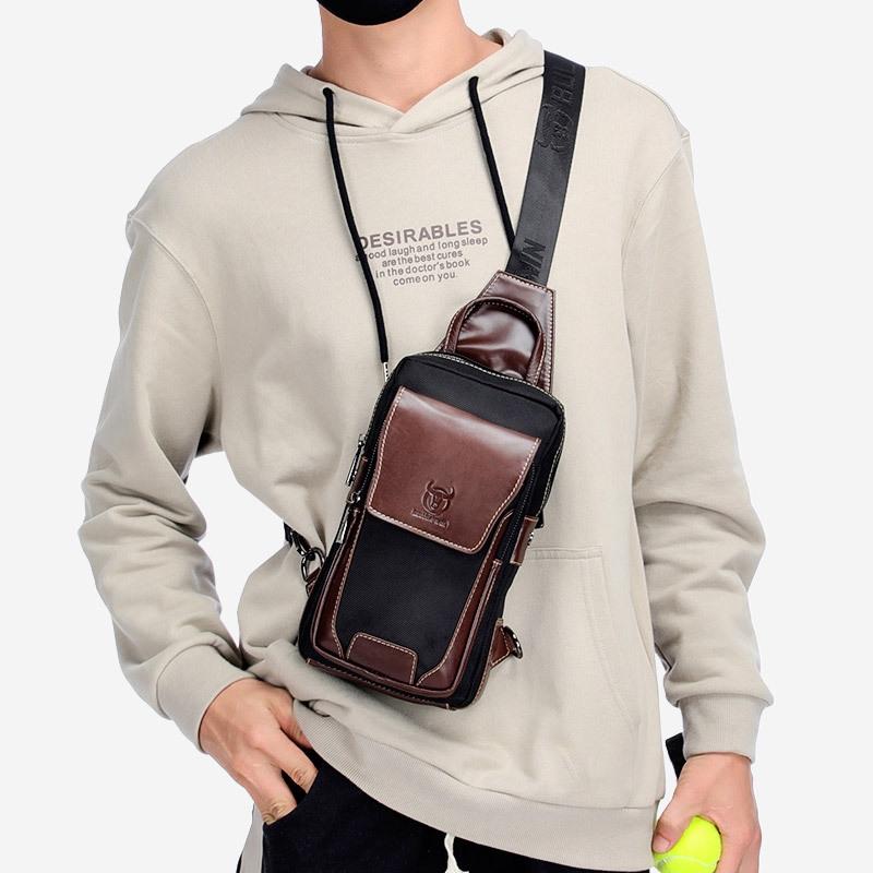 Leather Men Chest Bag Casual Shoulder Bag Brown
