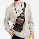 Leather Men Chest Bag Casual Shoulder Bag Brown - Low Angle