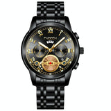 Men Multi-Function Quartz Watch - Black Steel With Gold Accents - Front View