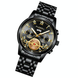 Men Multi-Function Quartz Watch - Black Steel With Gold Accents - Side View