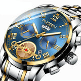 Men Multi-Function Quartz Watch - Black Steel With Gold Accents - Top-Down View