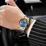 Men Multi-Function Quartz Watch - Black Steel With Gold Accents - Close-Up Angle