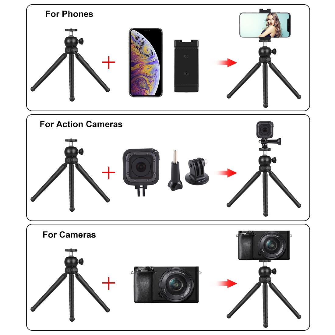 Flexible Mini Octopus Tripod with Ball Head and Phone Clamp