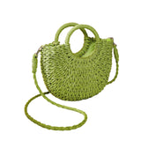 Beige Half Moon Straw Tote Woven Beach Bag - Beige - Front View