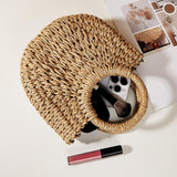 Beige Half Moon Straw Tote Woven Beach Bag - Beige - Rear View