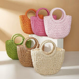 Beige Half Moon Straw Tote Woven Beach Bag - Beige