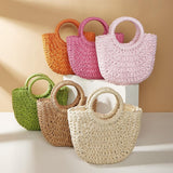 Beige Half Moon Straw Tote Woven Beach Bag - Beige - Close-Up Angle