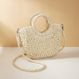 Beige Half Moon Straw Tote Woven Beach Bag - Beige - Extra Image
