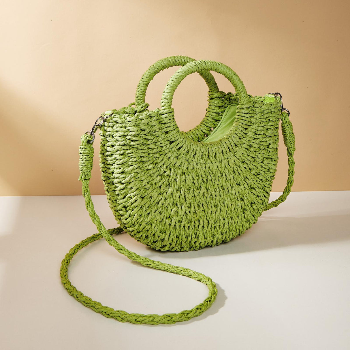 Beige Half Moon Straw Tote Woven Beach Bag - Beige