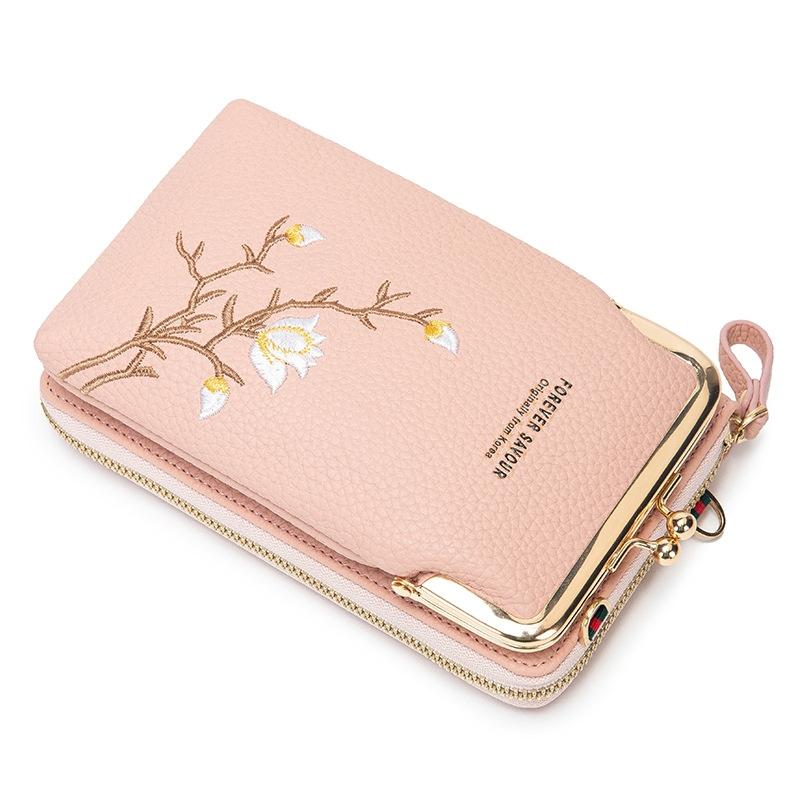 Black Embroidered Single Shoulder Phone Bag Wallet - Black