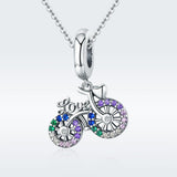 925 Sterling Silver Bicycle Pendant With Zircon Beads For Diy Bracelet Style - Pendant + Bare Chain - Front View