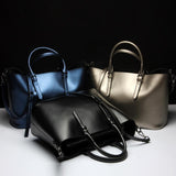 Blue Cowhide Messenger Tote For Women Large Capacity - Rear View