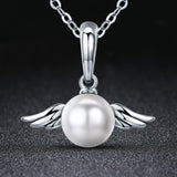 925 Sterling Silver Angel Wing Pendant With Shell Bead Charm For Diy Bracelets Style - Pendent + Necklace - Side View