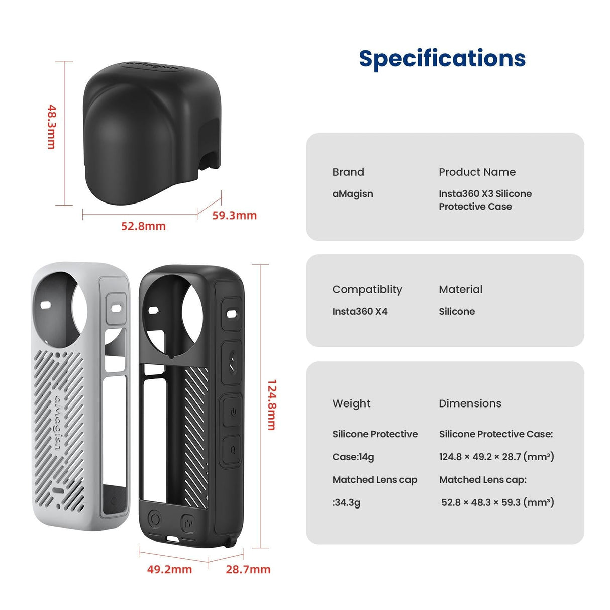 Amagisn Silicone Protective Cover for Insta360 X4 - Body Case + Lens Cover Gray