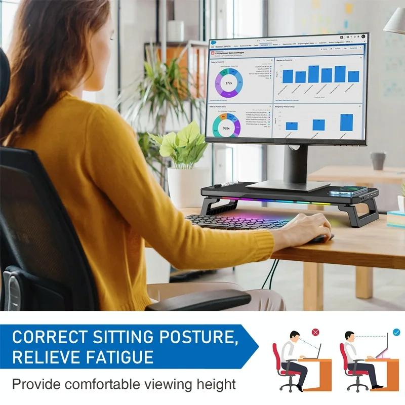 Usb Monitor Stand Riser with Type-c Ports - Wireless Charging Black