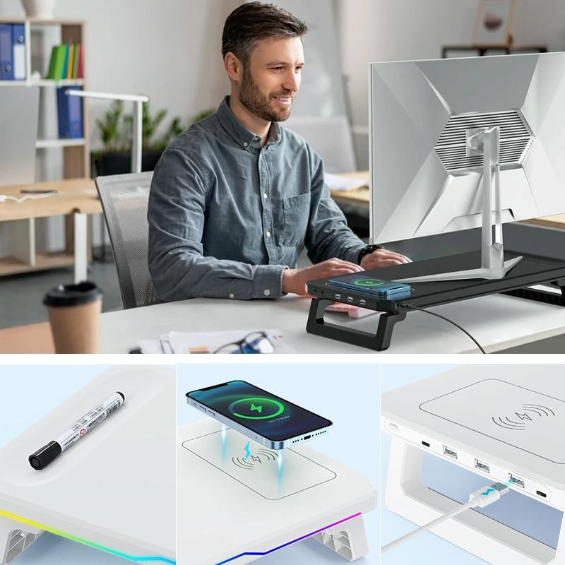 Usb Monitor Stand Riser with Type-c Ports - Wireless Charging Black